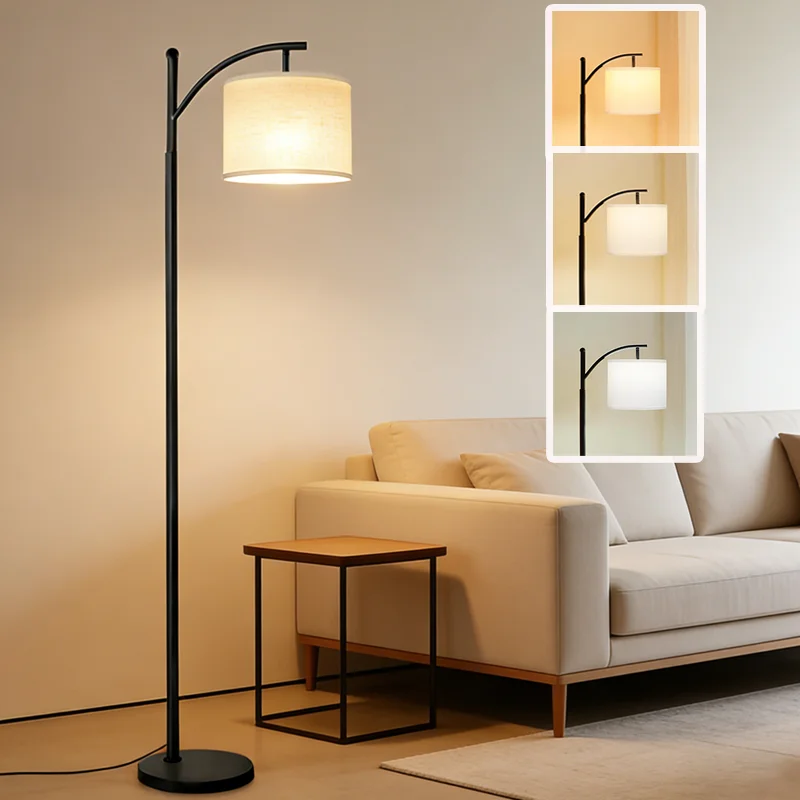 Lampadaire Arc avec abat-jour en tissu, lampe noire moderne avec structure en fer, lumière douce pour salon, chambre à coucher, meubles de maison