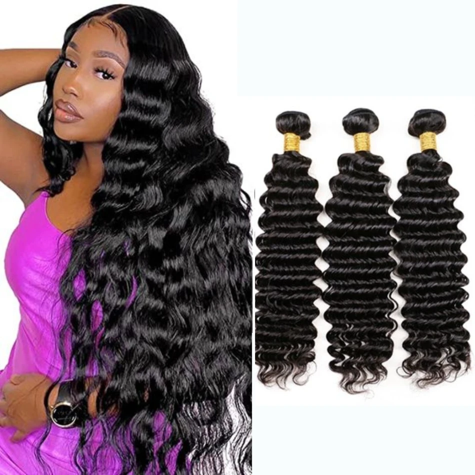 

32 Inch Natural Color Deep Wave Bundles Human Hair Extensions For Women Part Dress Brazilian Remy Human Hair Wigs on promotion