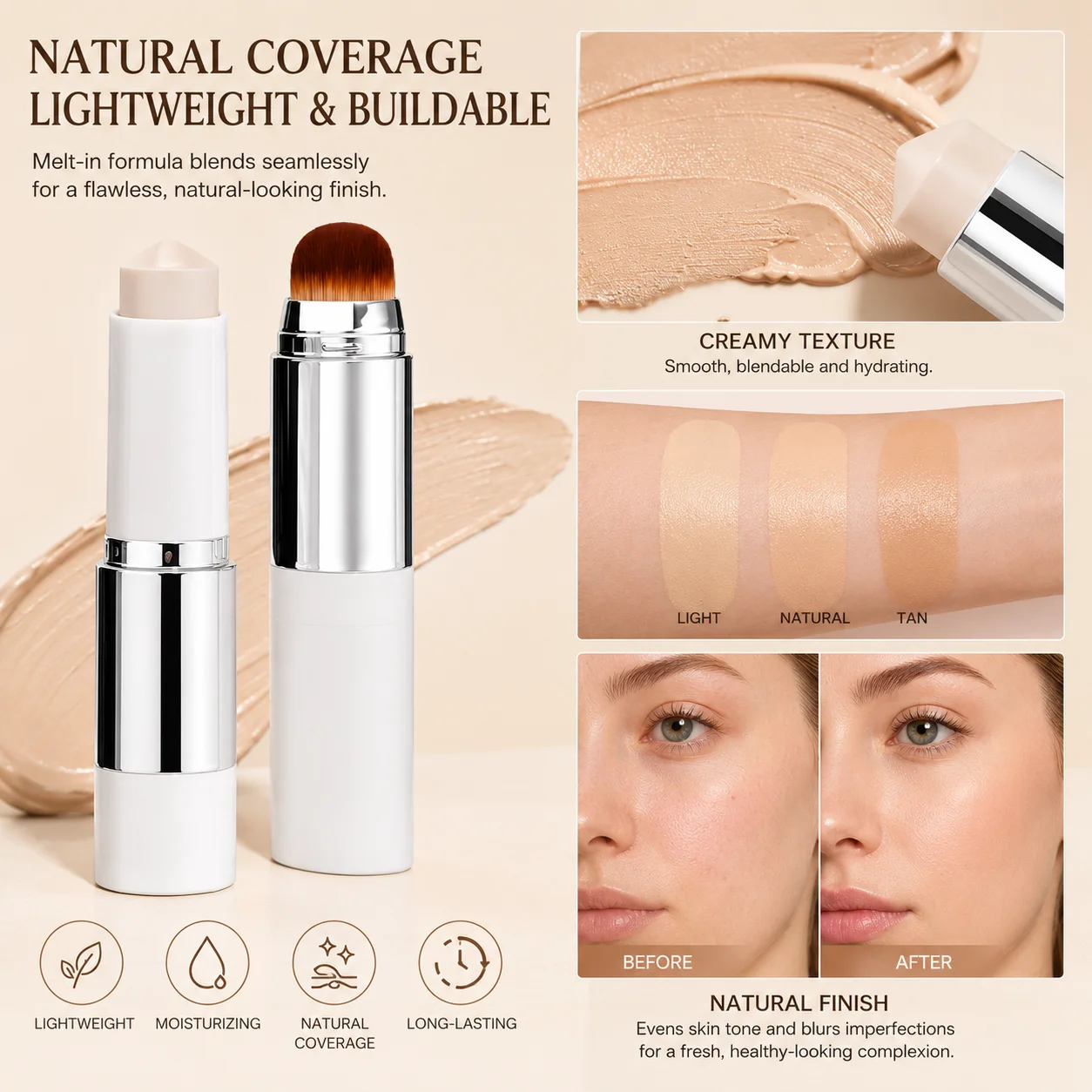 2-in-1 Color-Adapting Foundation Stick with Blending Brush and Warm Tone Eyeshadow Palette Makeup Set Novice Affordable Set