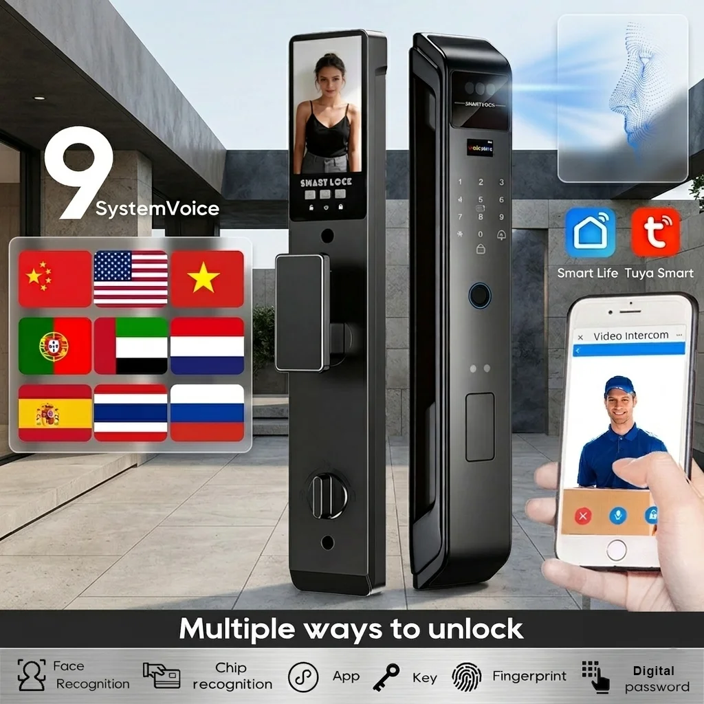

Tuya Smart Video Intercom Lock Palmprint 3D Face 6068 Mortise Aluminum Body C-Class Cylinder Anti-prying Security Digital Lock