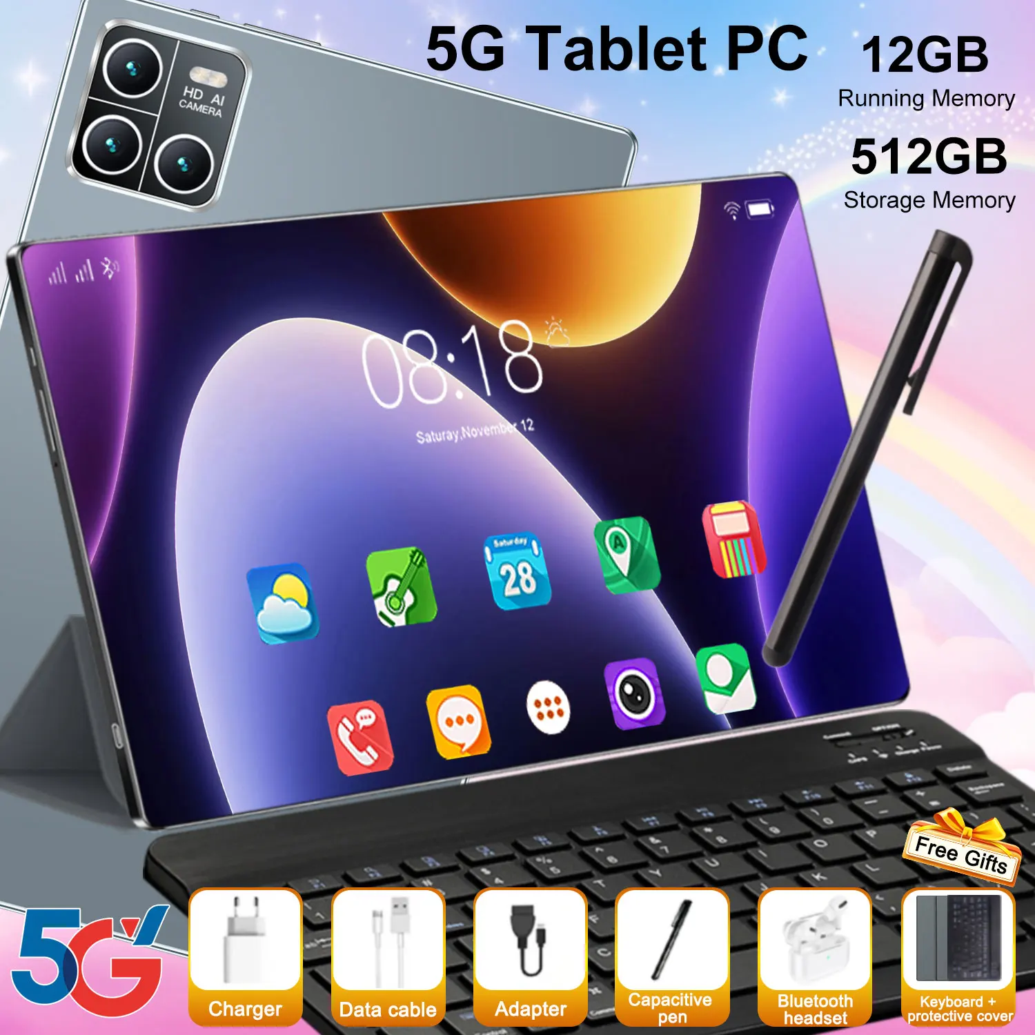 2026 Tablet Android 13 da 10,36 pollici 6s 12GB RAM 512GB ROM 20000mAh con tastiera 5G Pad Bluetooth 14 core WIFI Ufficio GPS HD