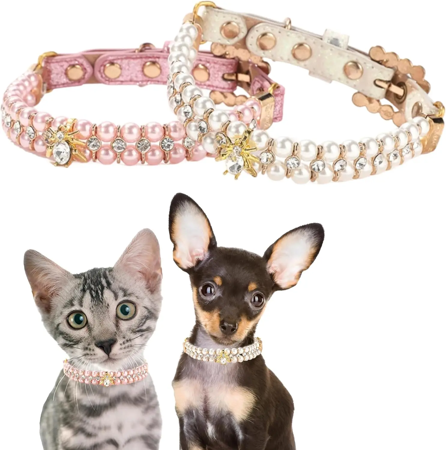 

Luxury Pearl Pet Collar for Dogs & Cats – Adjustable Sparkling Rhinestone Bee Design