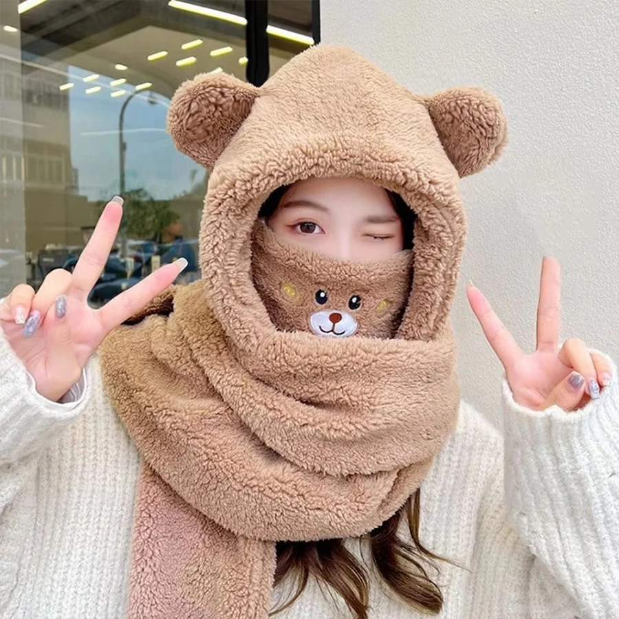 Thickened Lamb Plush Hoodie Hat Cute Bear Ear Hat Fashion Winter Warm Comforts Scarf Gloves Set Girl Kawaii Warm Casual Hat