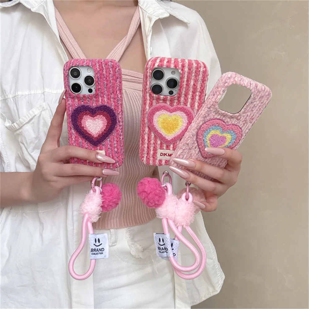

Winter Warm Stripe Fluffy Plush Embroidered Love phone case for iPhone 17 13 14 15 16 Pro Max Cover With Lanyard Protective Fun