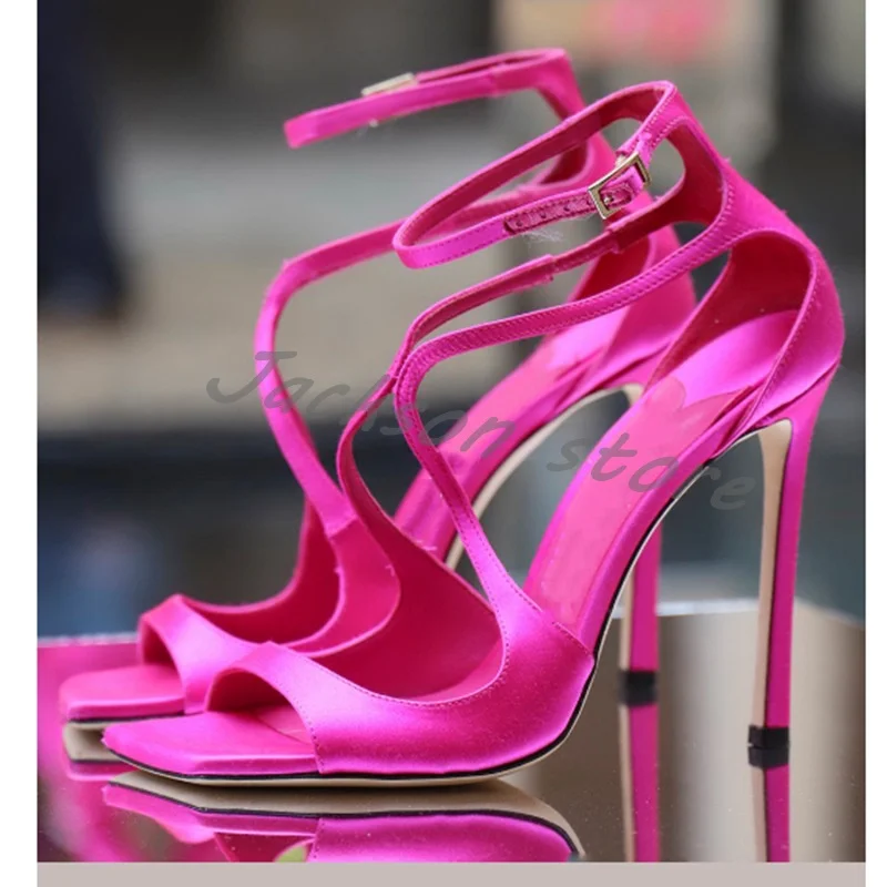 

2024 Square Toe Summer Peep Toe Super High Heel Pumps Women Cross Strap Patent Leather Stiletto Large Size Hollow Sandals