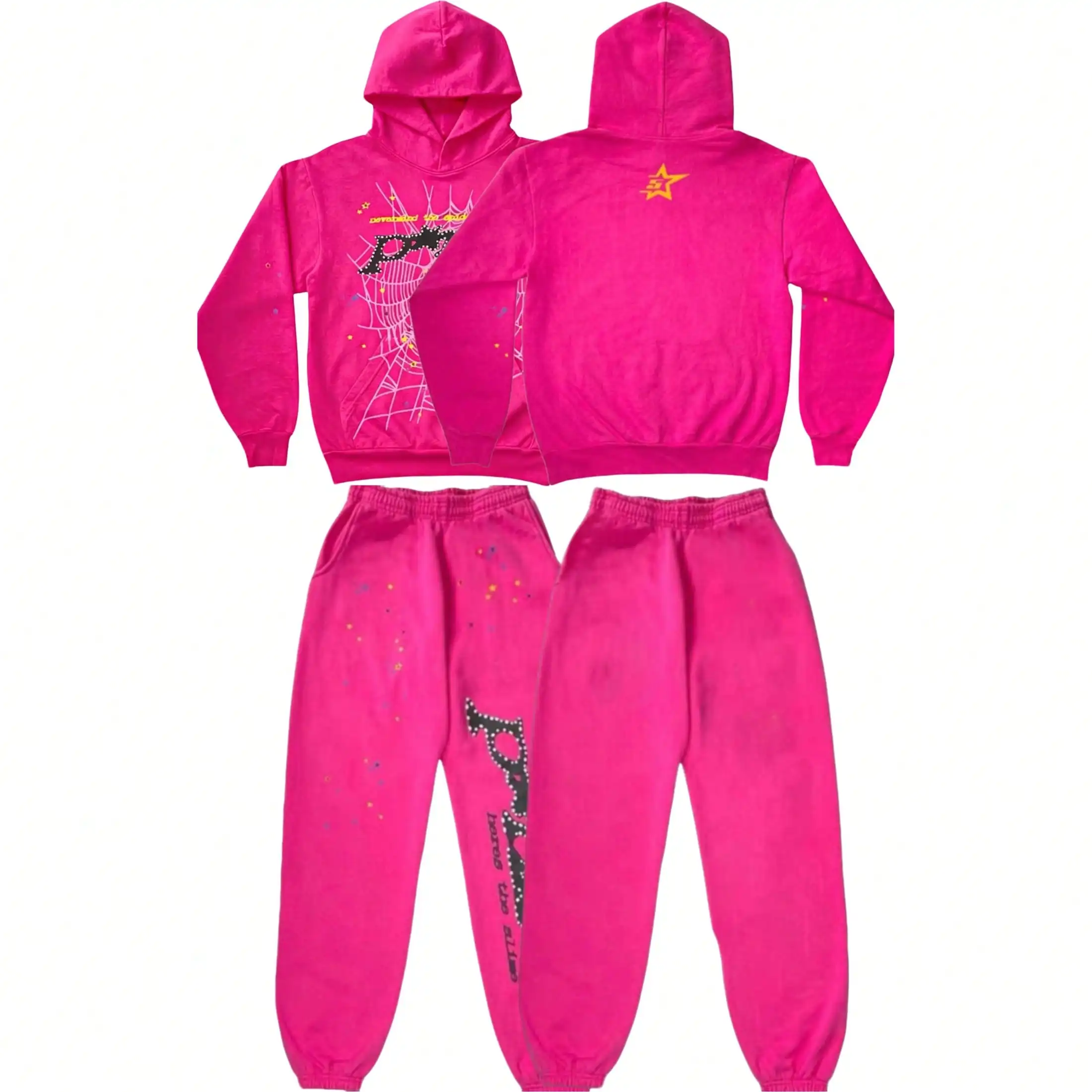 Men 2‑Pieces Outfit Spider Web Star Print Hoodie Sweatpants Set Casual Long Sleeve Hooded Sweatshirt Jogger Pants Streetwear Suit