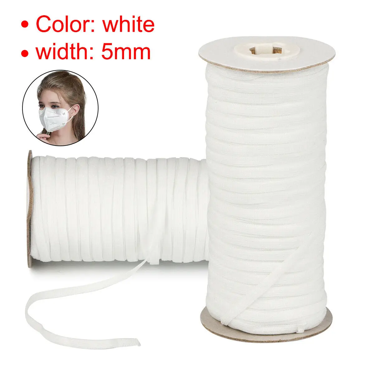 5mm 75 Yards White Flat Elastic Band High Stretch Durable Rubber Band Elastic Cord US