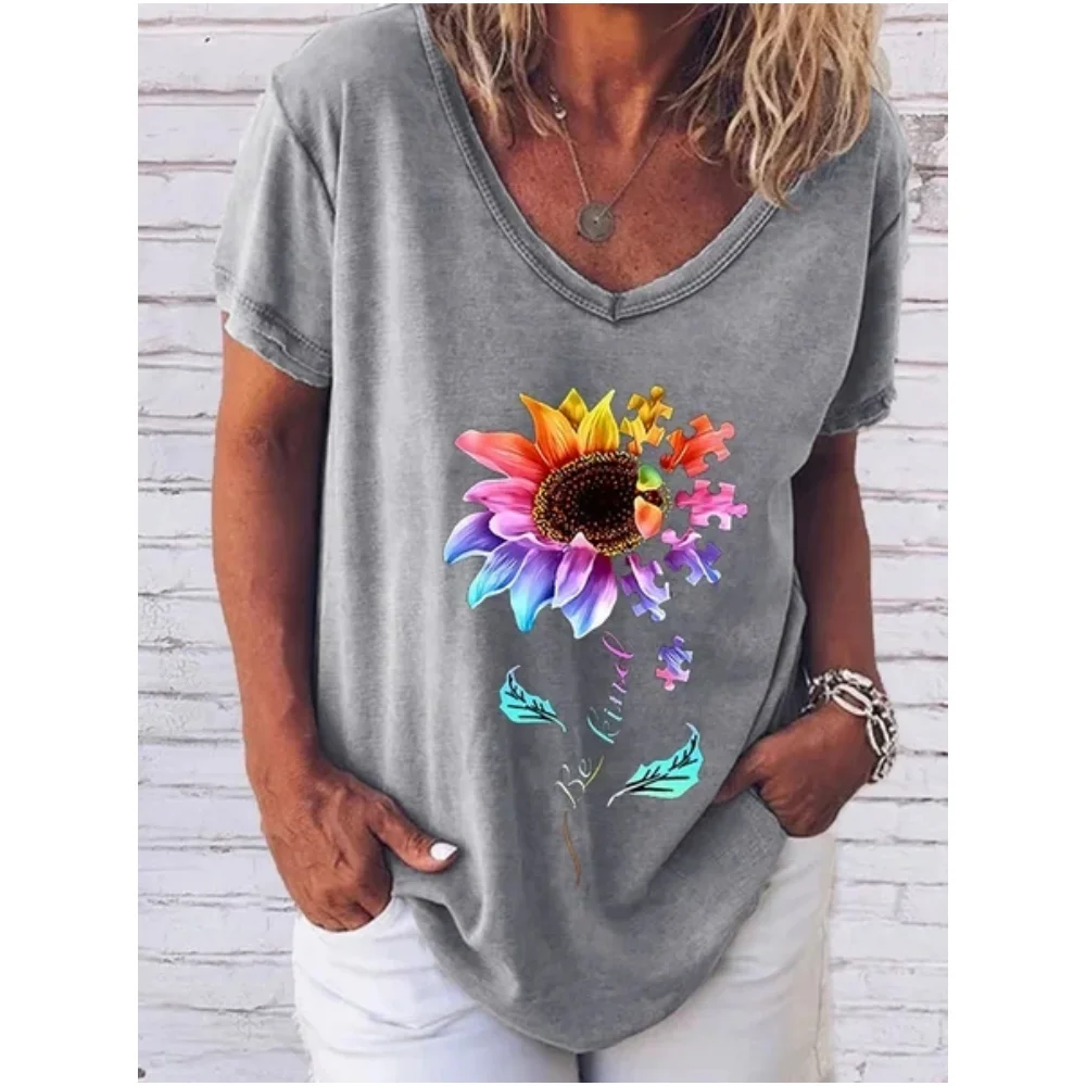 Vintage Floral Women\'s T Shirt V Neck Top Daily Blouse Oversized Pullover Tees Summer Harajuku Clothes Female Loose Short Sleeve