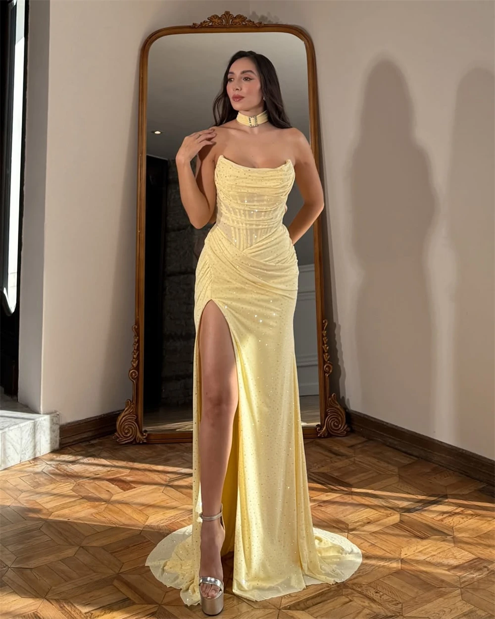 Sansa Customized Yellow Mermaid Strapless Side Split Prom Dress Corset Pleats Vestidos De Noche Floor-Length Formal Evening 2026 image 4