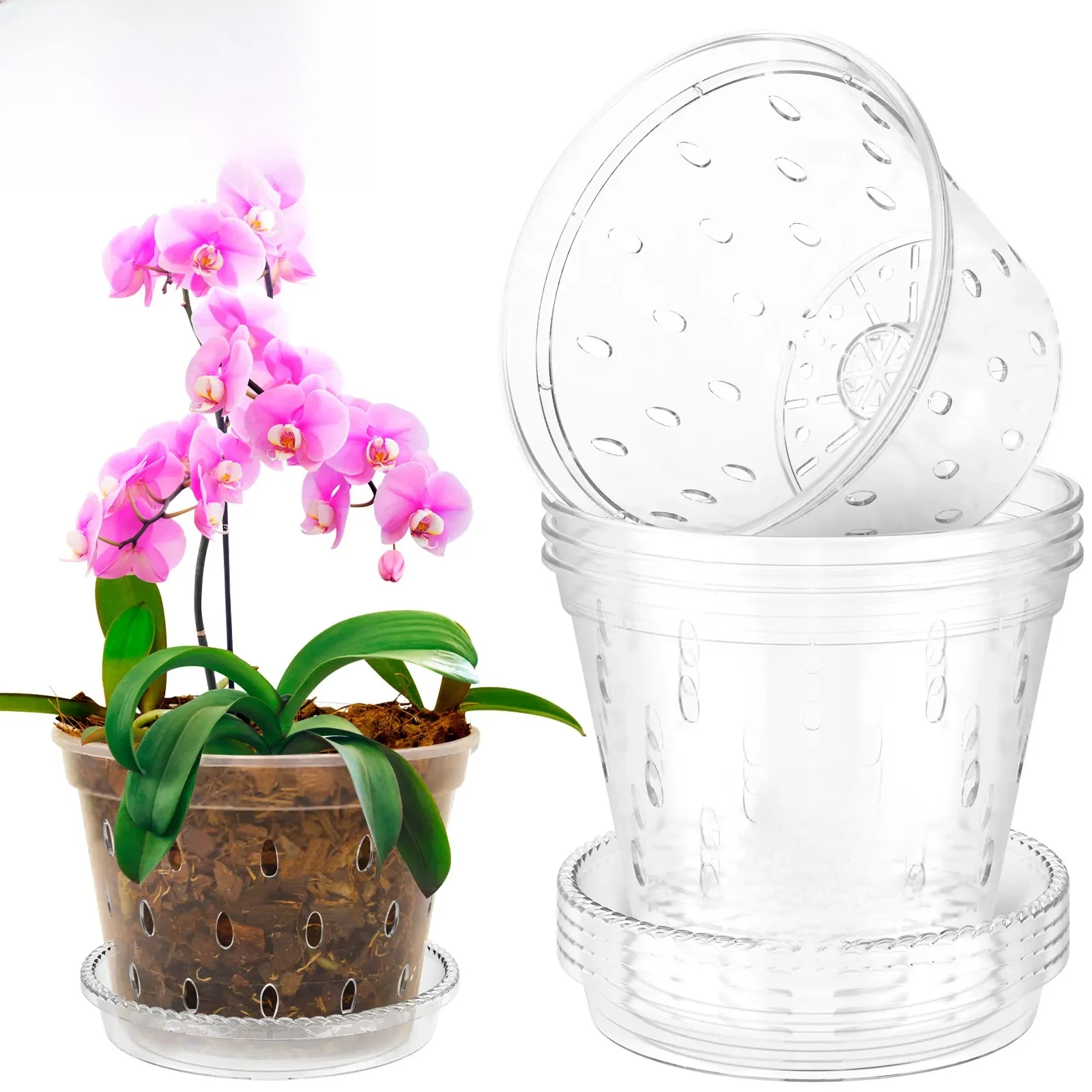 Pot d'orchidée en plastique, 5 pièces, 4/5/6 pouces, Pots d'orchidées à fente transparents avec trous et soucoupes, Pot de plante de fleur respirant pour pépinière