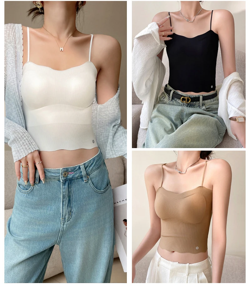 Cooling Fabric Summer Women's Camisole with Padded Korea Stylish Seamless Bra Basic Layer Thin Strap Crop Top Female Tank C5759