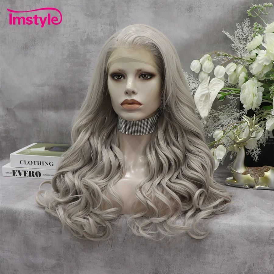 Imstyle Grey Wig Synthetic Lace Front Wig Long Wavy Wigs For Women Heat Resistant Fiber Natural Hairline Cosplay Wigs