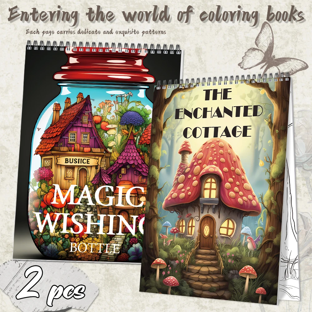 2pcs magic house, magic jar themed coloring book, see the colorful magic world through the bottle, a great gift for New Year