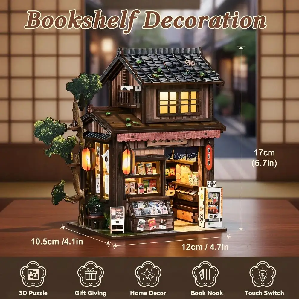 Book Nook Japanese Miniature Grocery House Bookends 209 PCS 3D Puzzle DIY Wooden Tiny Bookshelf Insert Decor Creative Gift