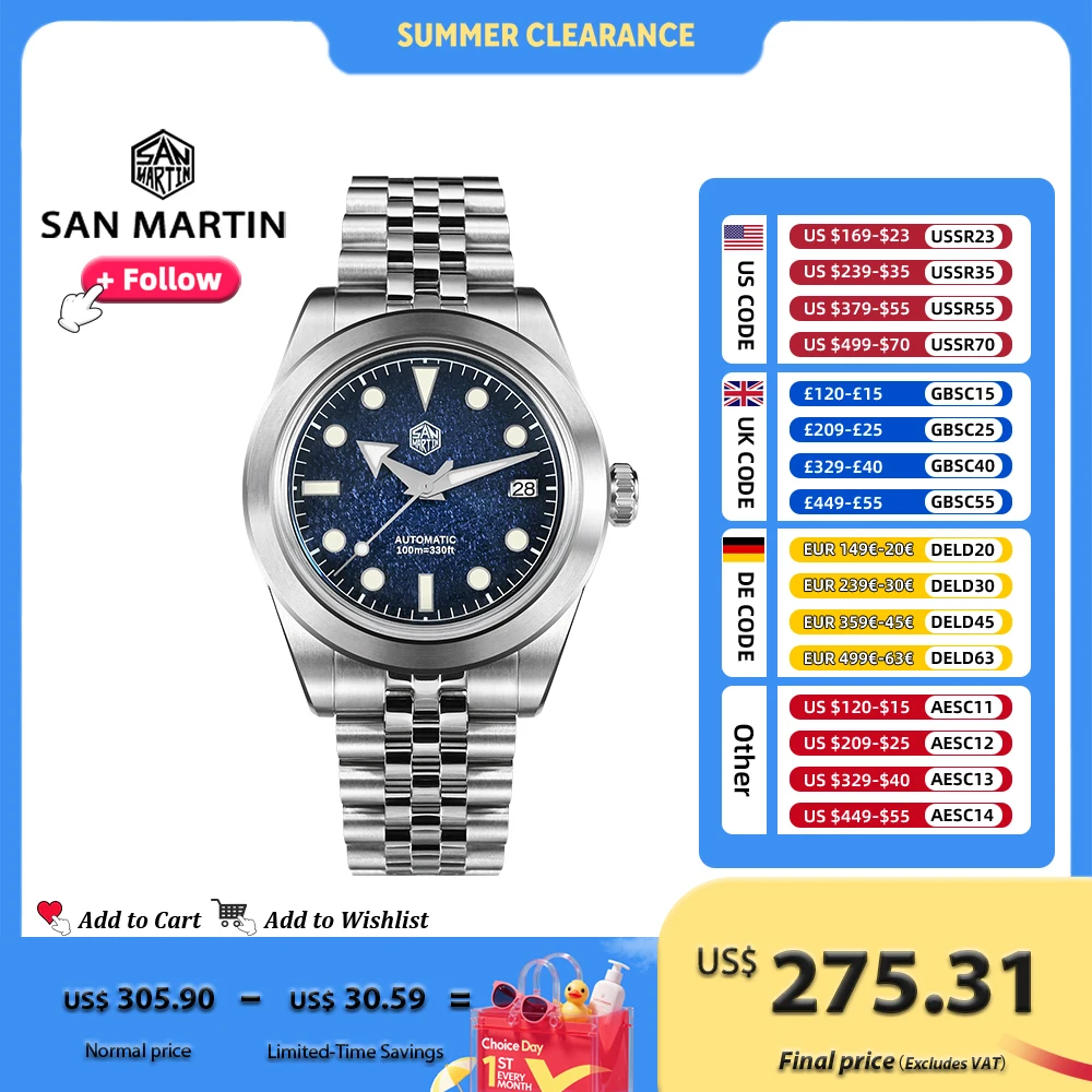 Jam Tangan Mekanik Pria San Martin 39mm dengan Dial Enamel, Mesin Otomatis NH35, Safir Tahan Air 10ATM, Bercahaya SN0053
