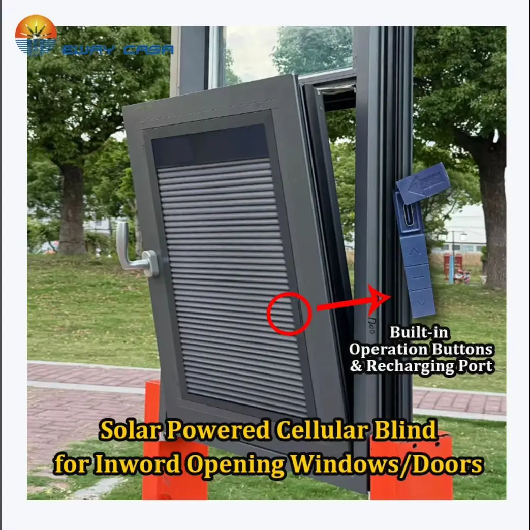 Solar Powered No-Drill Honeycomb Shade for Inward Opening Windows Main Pic.