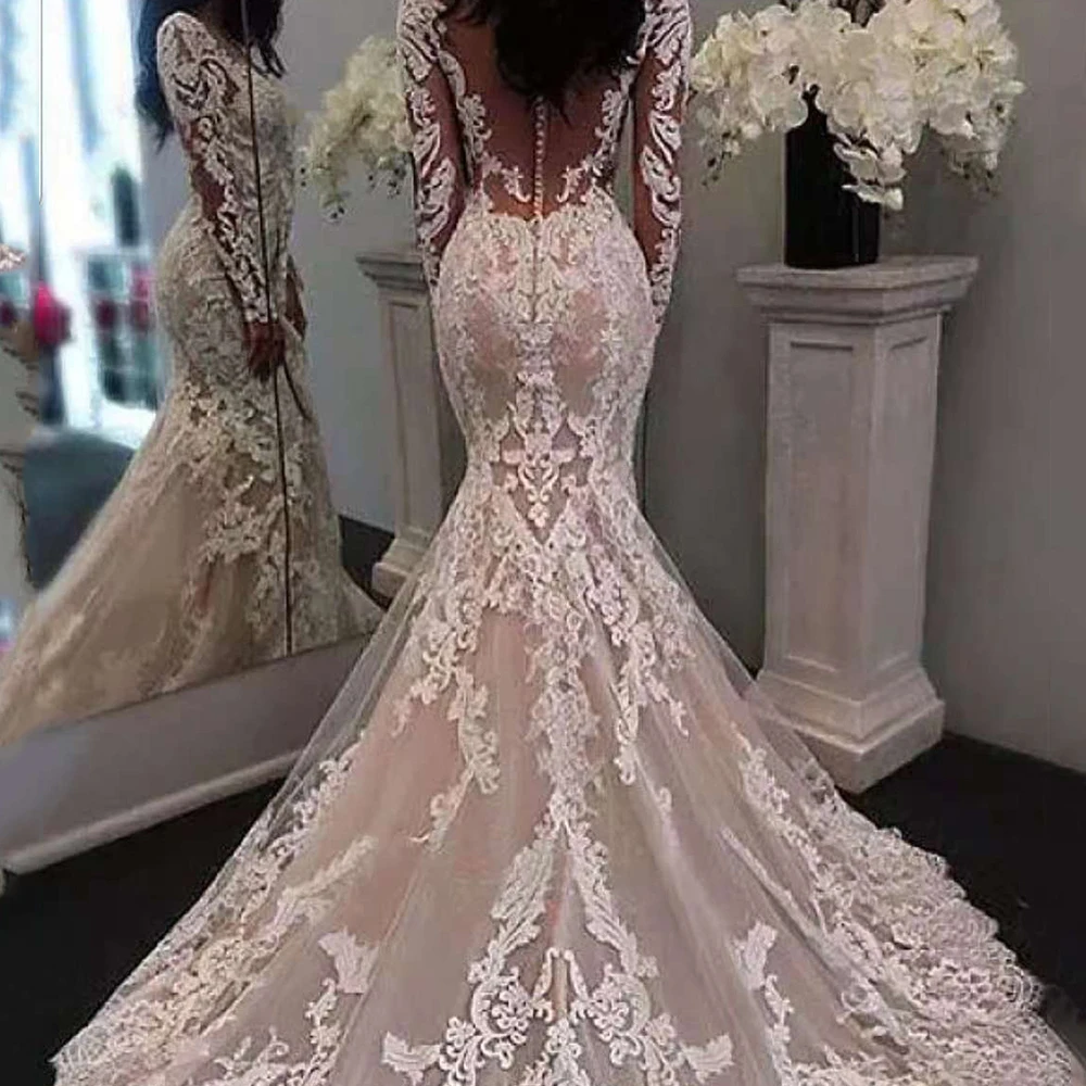 Classic Lace Mermaid Wedding Dress Scoop Neck Long Sleeves Court Train Illusion Back Buttons Trumpet Bridal Gown Custom Design