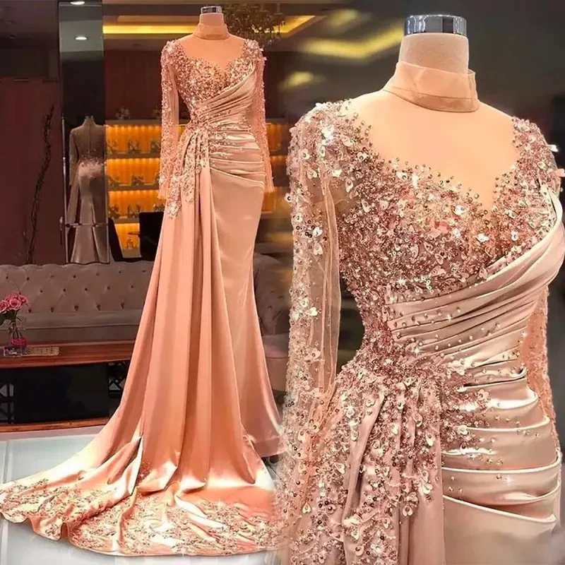 Funkelndes Meerjungfrau-Abendkleid aus Satin mit Pailletten, langärmelig, hochgeschlossen, bodenlanges Kleid, formelles Tanz-Partykleid, individuell gestaltet