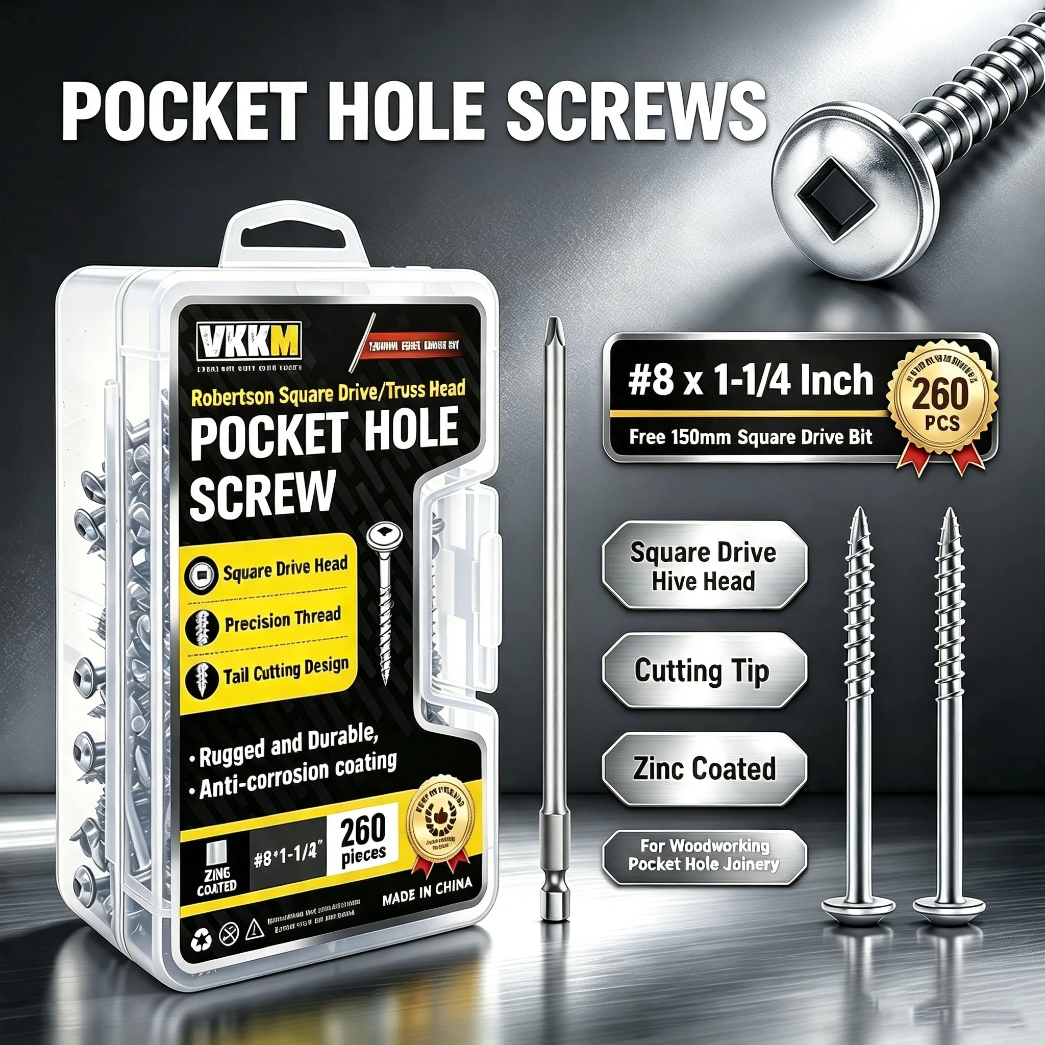 VKKM #8 X 1-1/4 Inch Silver Zinc Coated Pocket Hole Screws, Robertson Square Drive Truss Head Self Tapping Wood Screws, 260 PCS with Free 150mm Square Drive Bit for Woodworking Pocket Hole Joinery