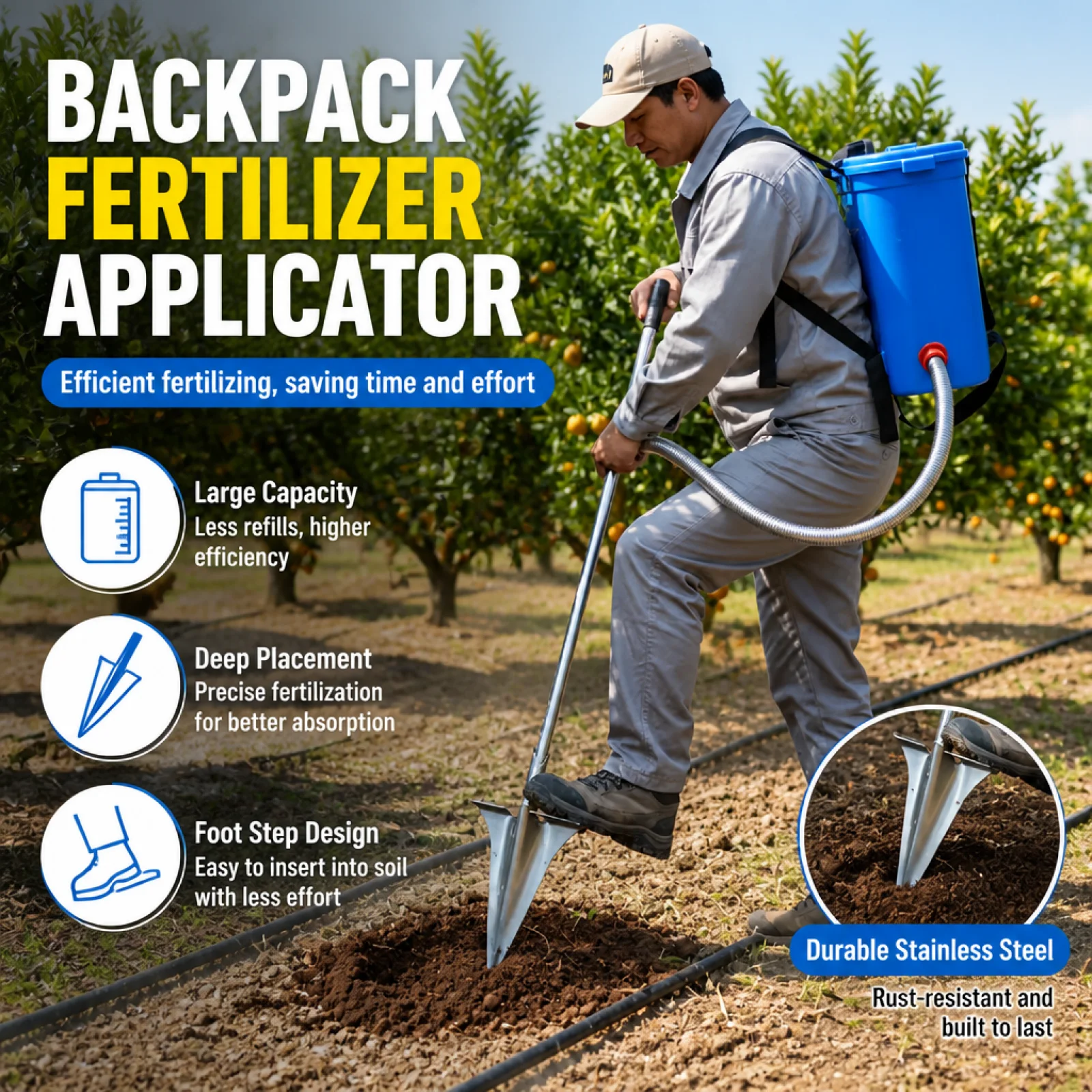 Backpack Fertilizer Dispenser Multi-Functional Manual Deep Root Fertilizing Tool for Trees Orchard Garden Lawn Hard Ground
