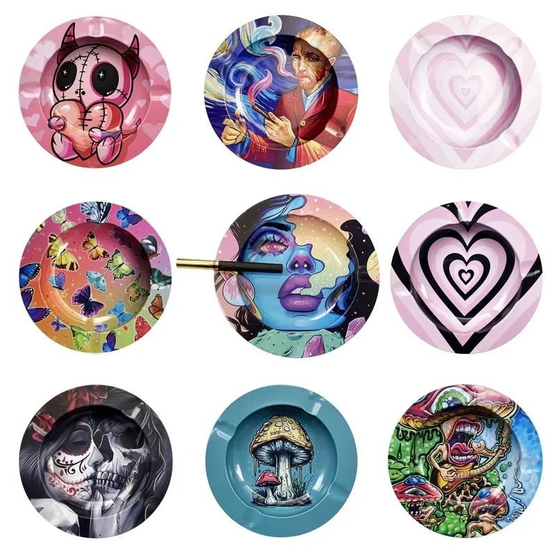 Plateau roulant en métal, cendrier rond pour herbes de tabac, dessin animé créatif, cendrier à cigarettes, accessoires pour fumer