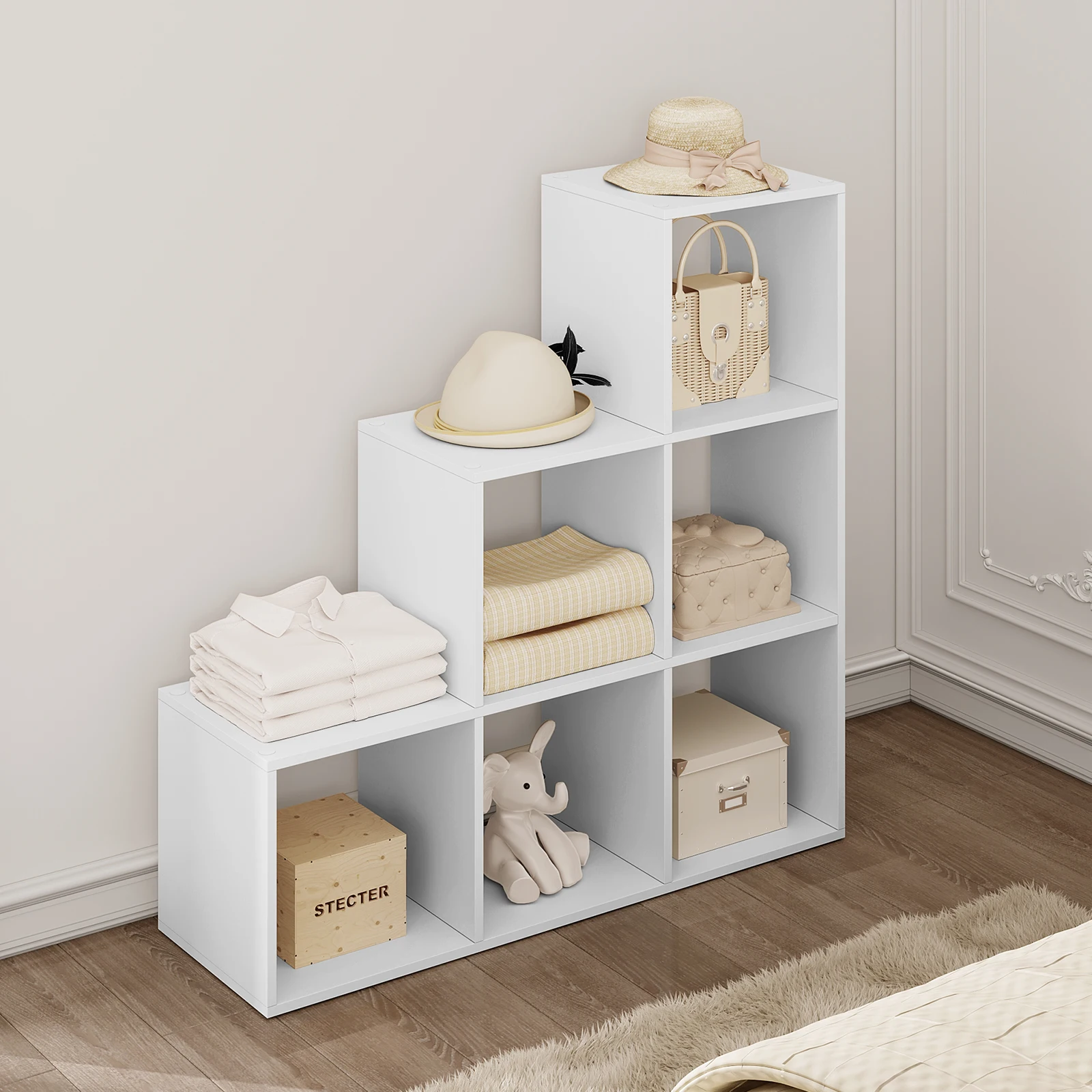 Book Display Storage White Bookshelf Bookcase with 6 Compartments Cabinet for Toys Organizer Living Room Bedroom