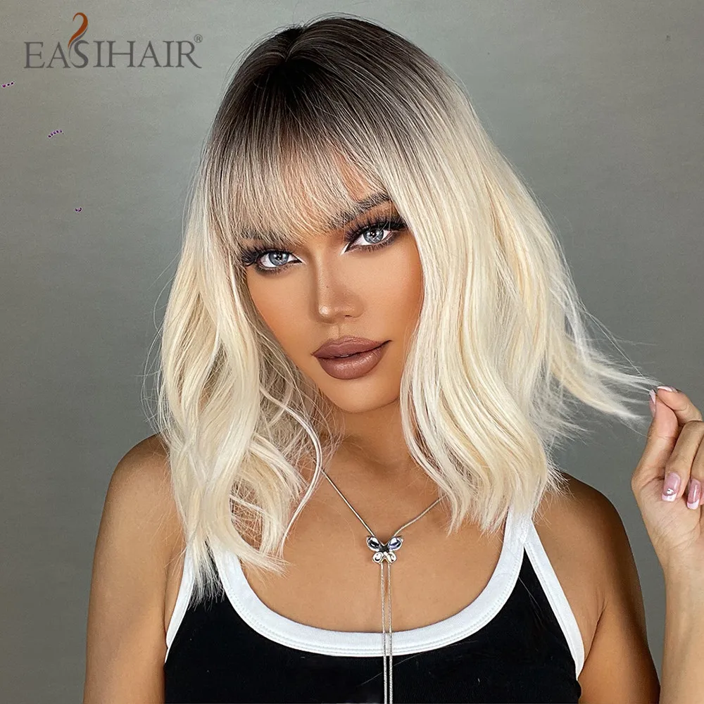 EASIHAIR Kurze Ombre Blonde Synthetische Wellenförmige Perücken mit Pony Licht Platin Schulter Länge Bob Haar Perücken für Frauen Hitze Beständig