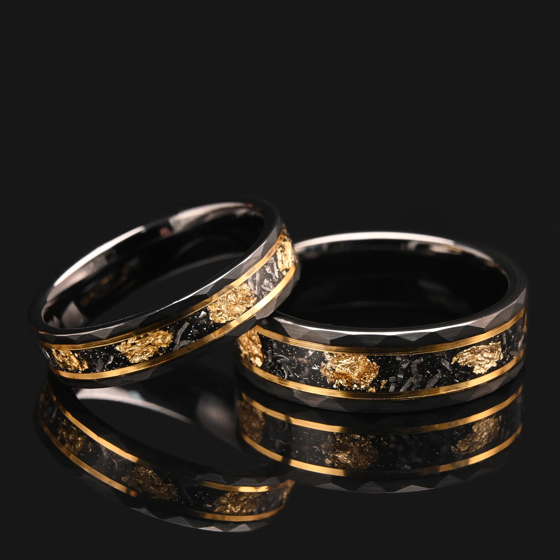 8mm/6mm Black Tungsten Carbide Ring Inlaid Gold Foil & Meteorite Men's Wedding Bands Fashion Jewelry Engagement Promise Rings