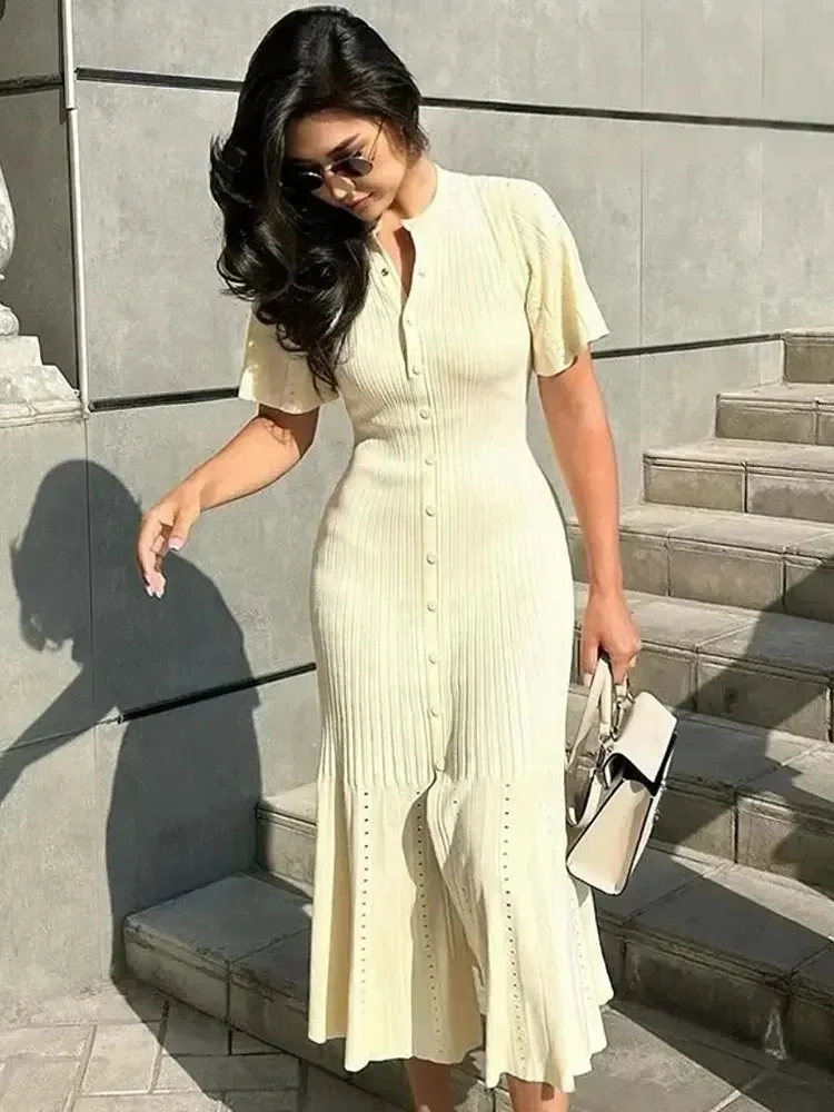 Elegante gebreide midi-jurk met enkele rij knopen, patchwork-jurken voor dames, vrouwelijk 2025, zomergewaad, nieuwe zwart-beige gewaden, avondfeest - afbeelding 2
