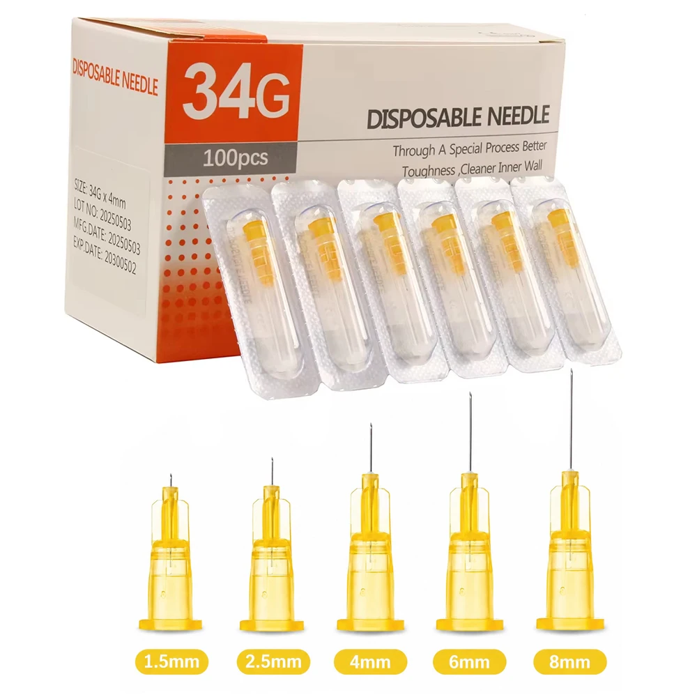 Orange 34G Single Use Syringe Needle 1.5mm 2.5mm 4mm 6mm 8mm Disposable Sterile Meso Therapy Needle Tattoo Needle