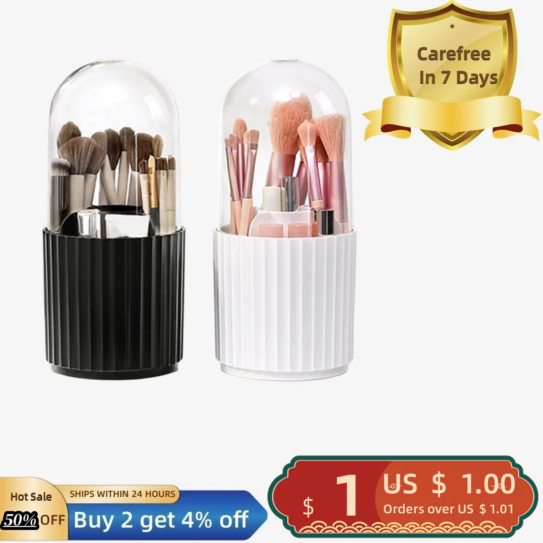 

Makeup Brush Holder Transparent Dustproof Large Capacity Multi-compartment with Lid 360-degree Rotating Makeup Brush Display Cas