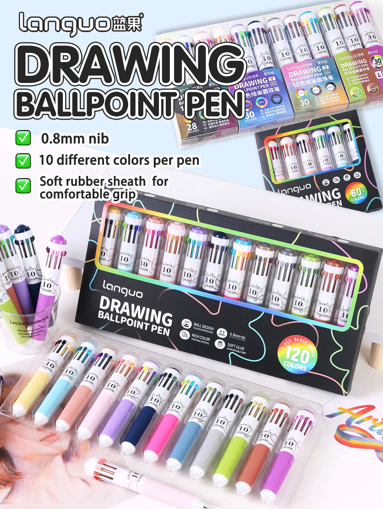 

Languo 10-in-1 Multicolor Ballpoint Pen Set, 28/30/60/120 Colors Art & Craft Supplies for Students & Artists
