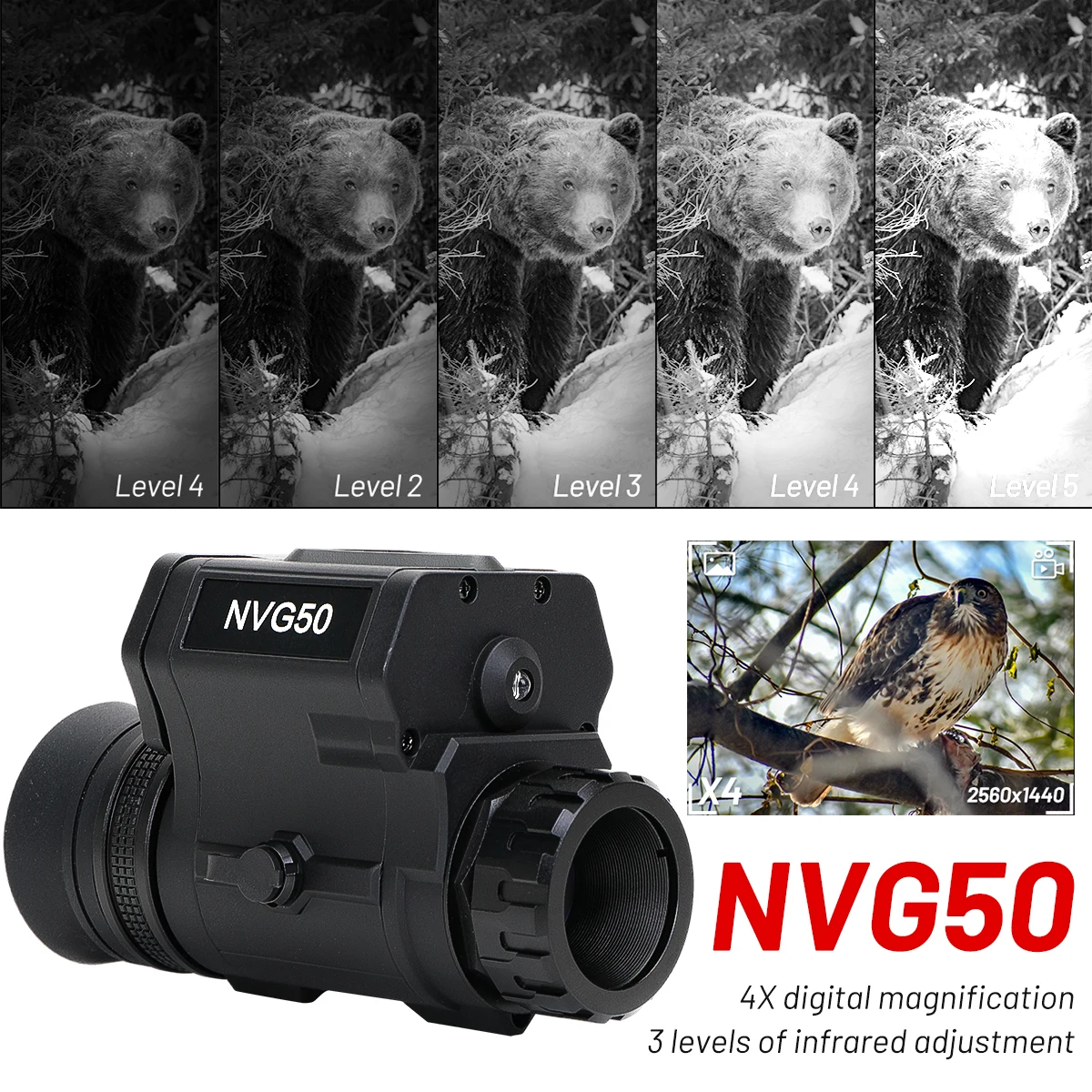 NVG50 Digital Night Vision Scope Helmet Mount 940nm IR 2.5K HD 1-4X Wide View 45° Monocular Telescope Support WiFi APP