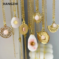 Pink Natural Stone Necklaces Gold Color Hollow Flower Irregular Water Drop Geometric Stainless Steel Pendant Necklace Jewelry