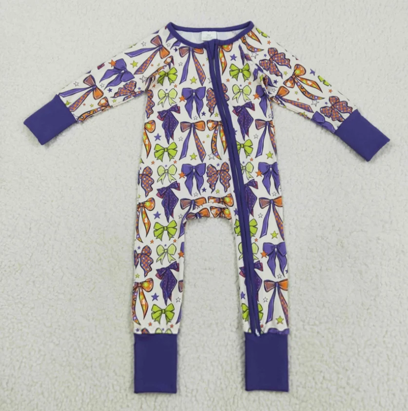 

Wholesale Boutique Baby Girl Long SLeeve Romper Infant kids Colorful Bows Zipper Jumpsuits Rompers