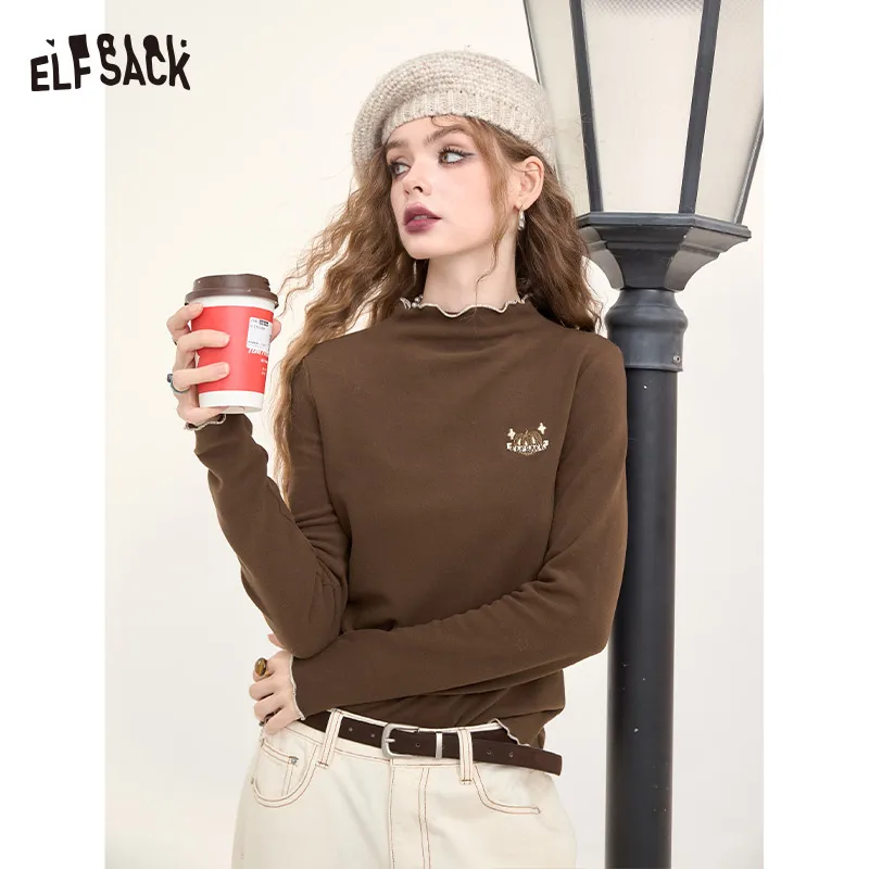 

ELFSACK 2024 Winter New Arrivals Half turtleneck long-sleeved T-shirt for women, ruffled edge, cat embroidery, slim fit bottomin