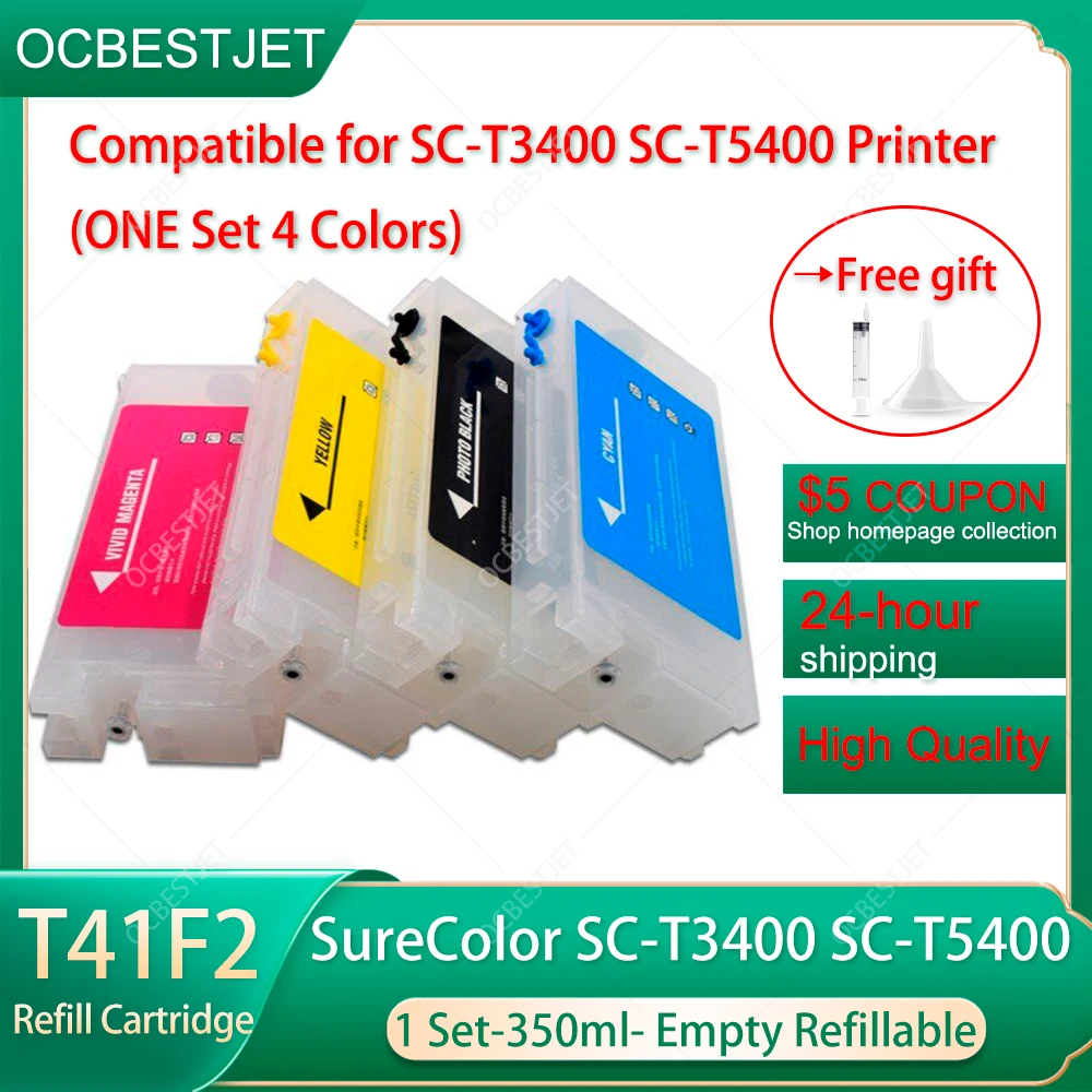 1set 4 pc T41F5 T41F2 T41F3 T41F4 350ML Empty Refill Cartridge with One Time Chip For Epson SureColor T3400 T5400 Printer