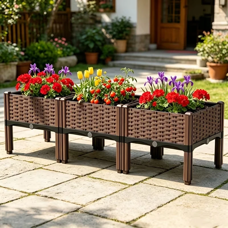 Ergonomic Elevated Raised Garden Bed, Large Planting Bed,Rattan Texture Plastic Planter Box with Support Legs, No Bend Gardening Planter for Growing Veggies, Herbs, Flowers on Patio, Lawn & Backyard image 8