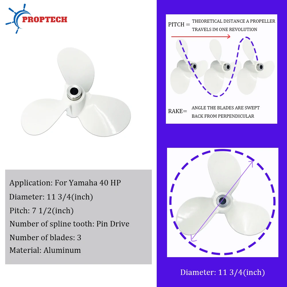 For Yamaha Outboard Propeller 11 3/4 x 7 1/2 Pin Drive Aluminum Alloy Screw 3 Blade  for 40HP Boat Motors 676-45956-61-EL