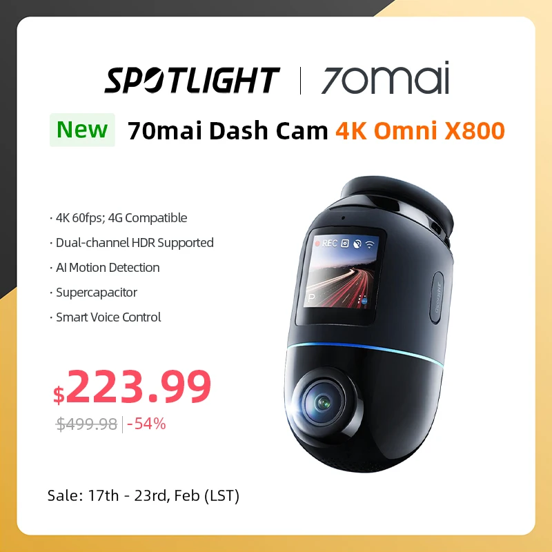 2025 70mai Dash Cam 4K Omni X800 Dual-channel HDR 360° Rotating F1.7 Supercapacitor 60FPS 4G Compatible Wifi 6 70mai X800 Omni