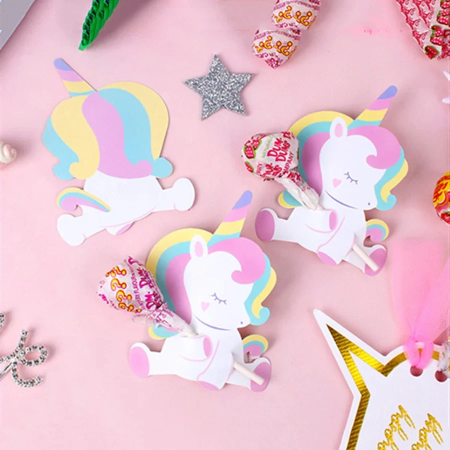 50 pièce/ensemble licorne sucette licorne décorations de fête enfants décoration cartes bonbons faveurs décor pour invité bébé anniversaire fournitures