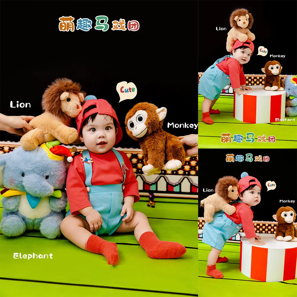 

Профессиональные реквизиты для фотосъемки: плюшевые куклы-животные в цирковой тематике для фотосессии малышей от 1 года, реквизит для создания памятных фотографий о росте ребенка.