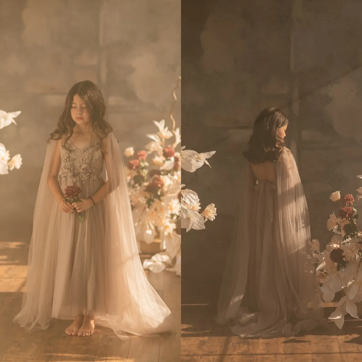 

Boho Lace Flower Girl Dresses For Wedding Long V Neck Litter Kids Toddler Pageant Dress for photoshoot Girls Birthday Dress