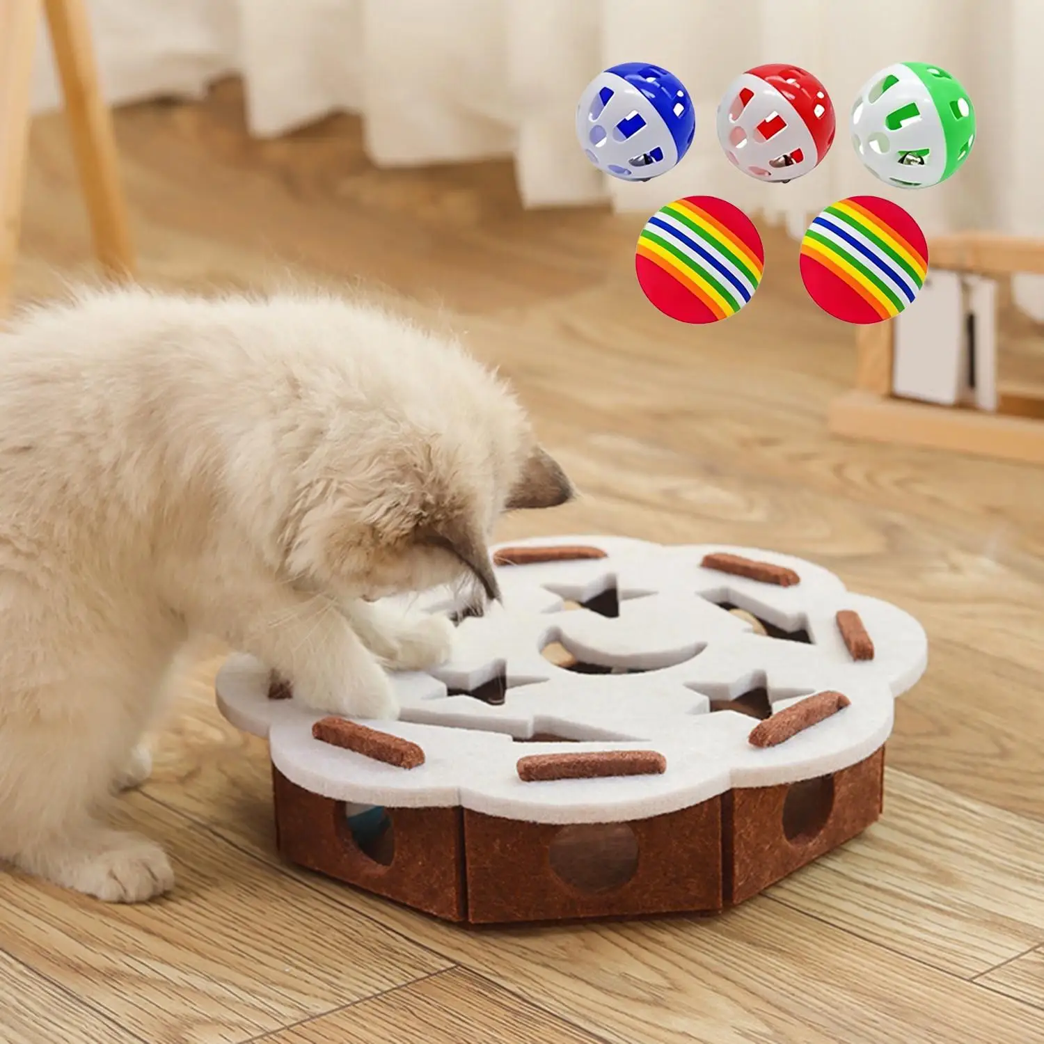 Interactive Felt Cat Puzzle Toy with 5 Balls, Cat Maze Box for Indoor Cats, Mental Stimulation Enrichment Toy