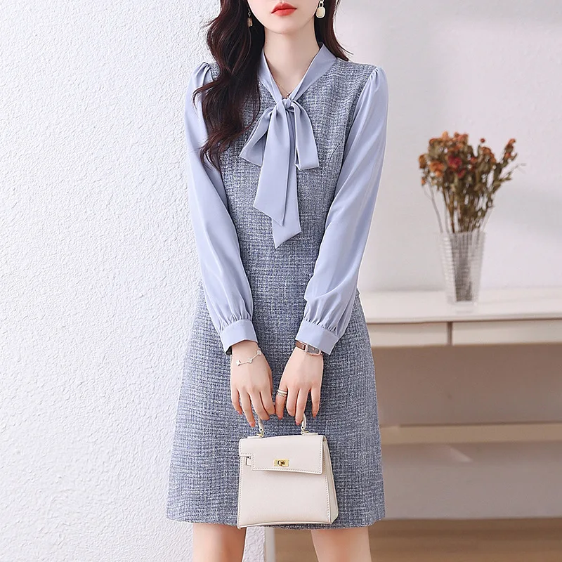 Women's Autumn 2023 New Long Sleeve Temperament Blue Professional Spring Blue Professional Dress