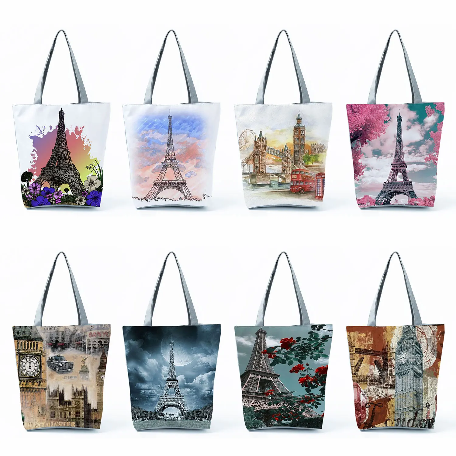 Female Handbags For Women Fashion Travel Beach Bag Floral Eiffel Tower Print Tote Bags High Capacity Shopping Bags Portable