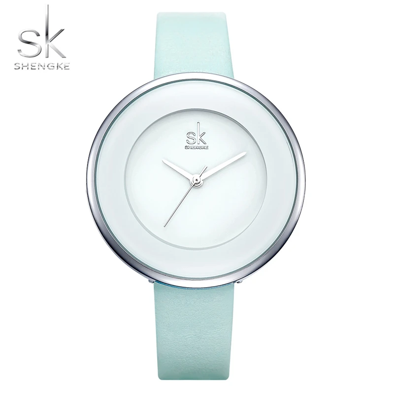 

SHENGKE New Skyblue Leather Strap Buckle Women Watches 38 MM Big Top Brand Simple Dial Quartz Luxury Ladies Watch Reloj Mujer