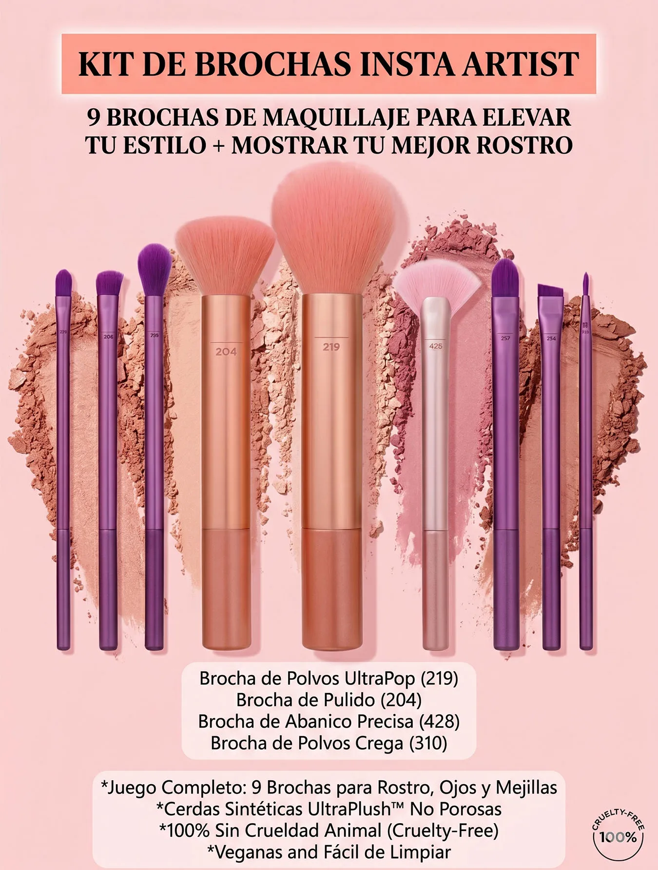 Kit 9 Brochas Maquillaje Real Techniques Insta Artist Rostro y Ojos Profesionales Cerdas UltraPlush Veganas Suaves para Base Sombras y Polvos Acabado Impecable Alta Precisión Color Metálico