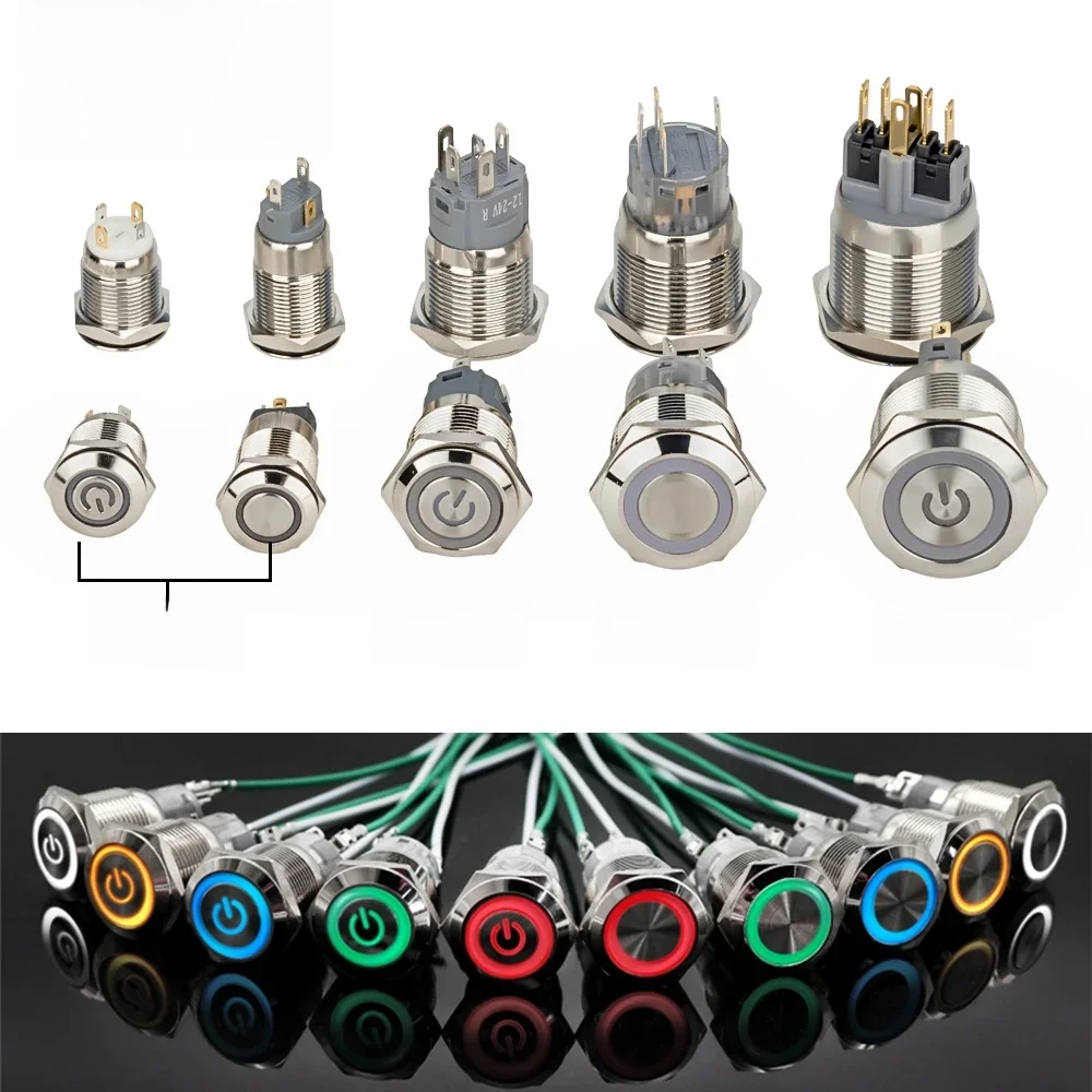 Interrupteur à bouton-poussoir en métal étanche, 12/16/19/22mm, lumière LED, verrouillage momentané, interrupteur d'alimentation pour moteur de voiture, 5V 12V 24V 220V, rouge bleu