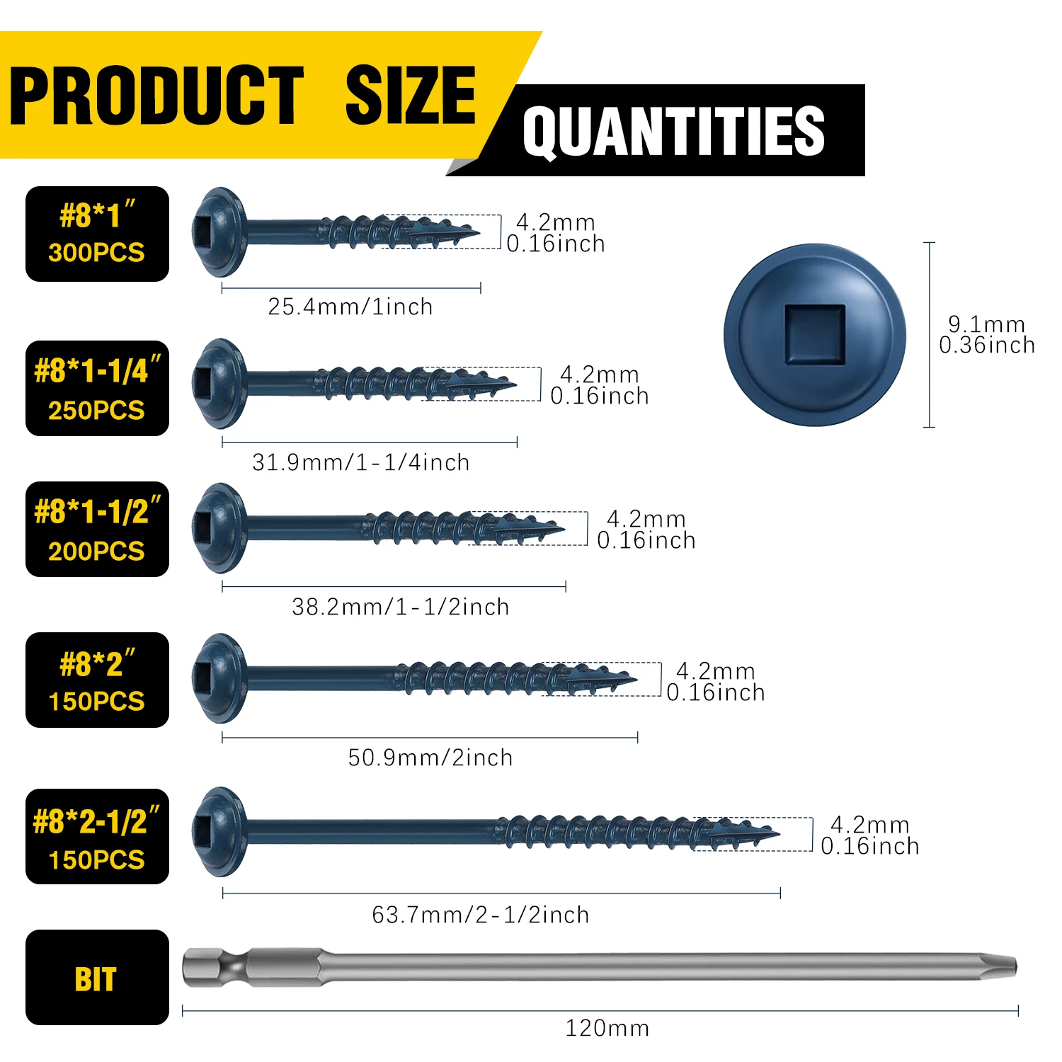 VKKM Pocket Hole Screws #8 X 2-1/2 Inch, Robertson Square Drive Truss Head Blue Wood Self Tapping Screws, 150 PCS Anti-Corrosion Fasteners with 120mm Square Drive Bit for Cabinet Shelf DIY Woodworking Pocket Hole Joinery